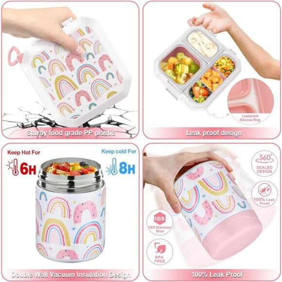 Kids bento lunch box set with thermos insulated bag leakproof food container - Picture 4 of 8